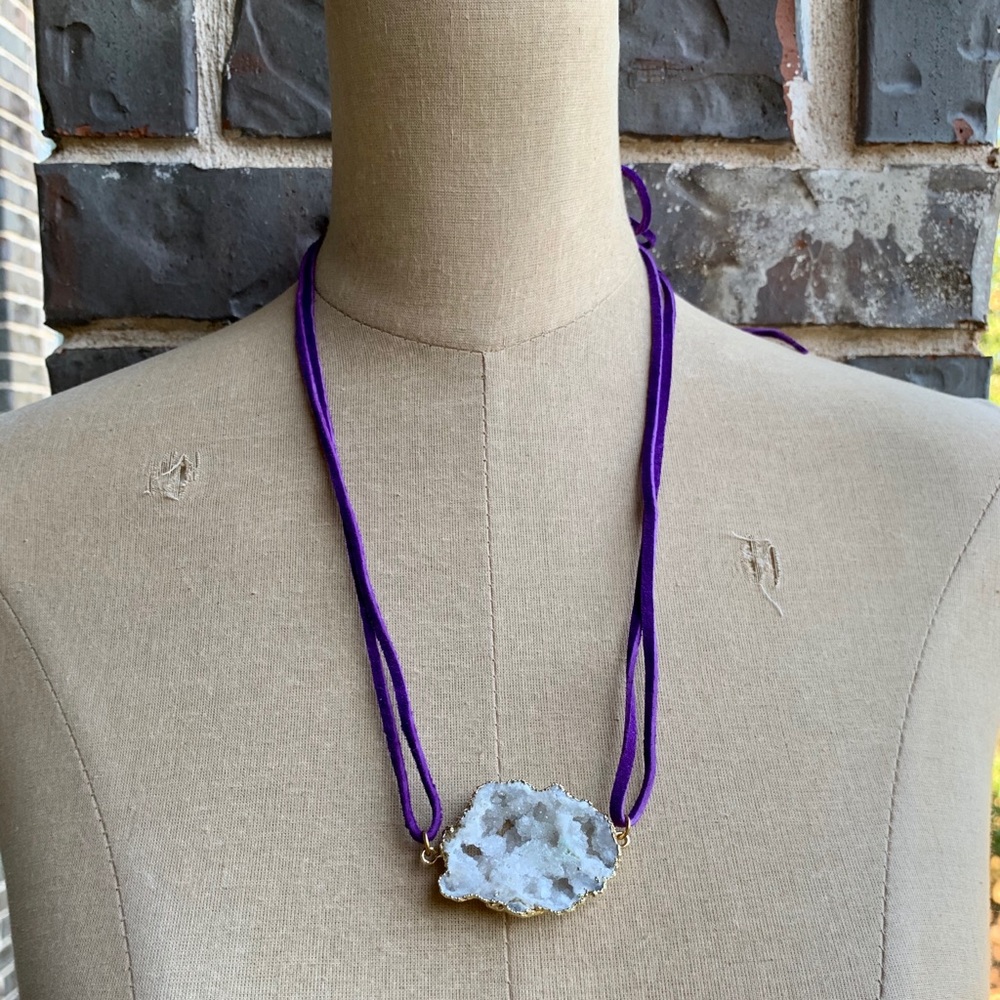 Multi-Way Bracelet + Necklace Purple Suede + White Druzy Stone - Picture 5 of 9
